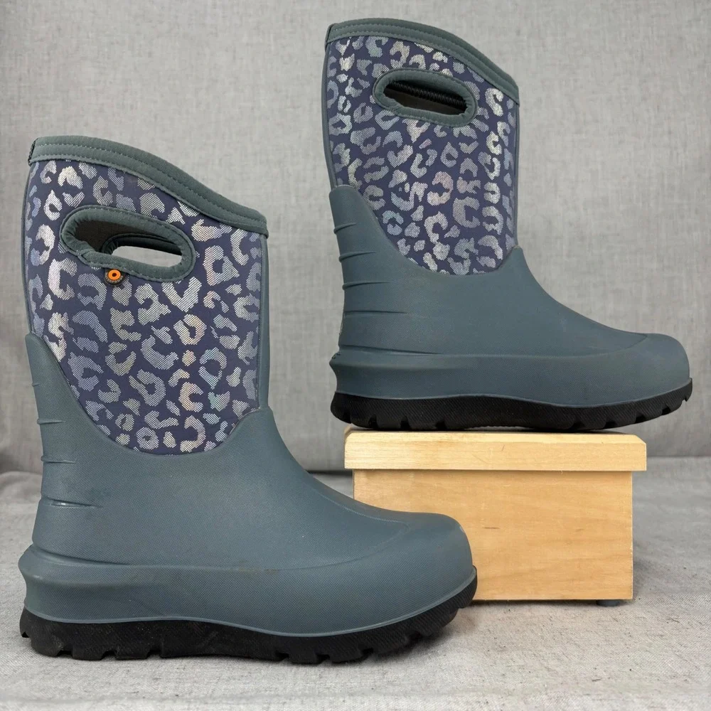 Bogs Neo Classic Gray Silver Metallic Leopard Waterproof Insulated Rain Boots